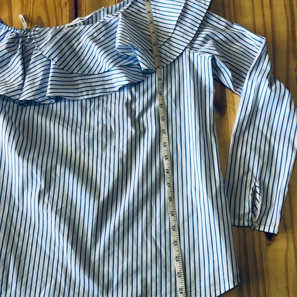 Calvin Klein Woman Swanky One-shoulder Ruffle Top Long Sleeves Blue/White Sz XS - Picture 3 of 8